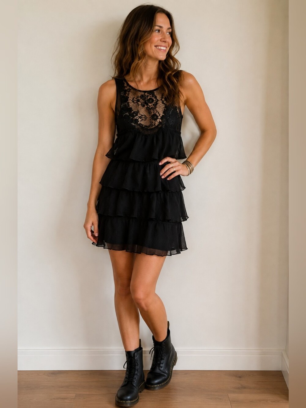 Kouture by Kimora Black Lace, Grunge , Punk mini Dress. XL Sheer Tiered Y2K #O28